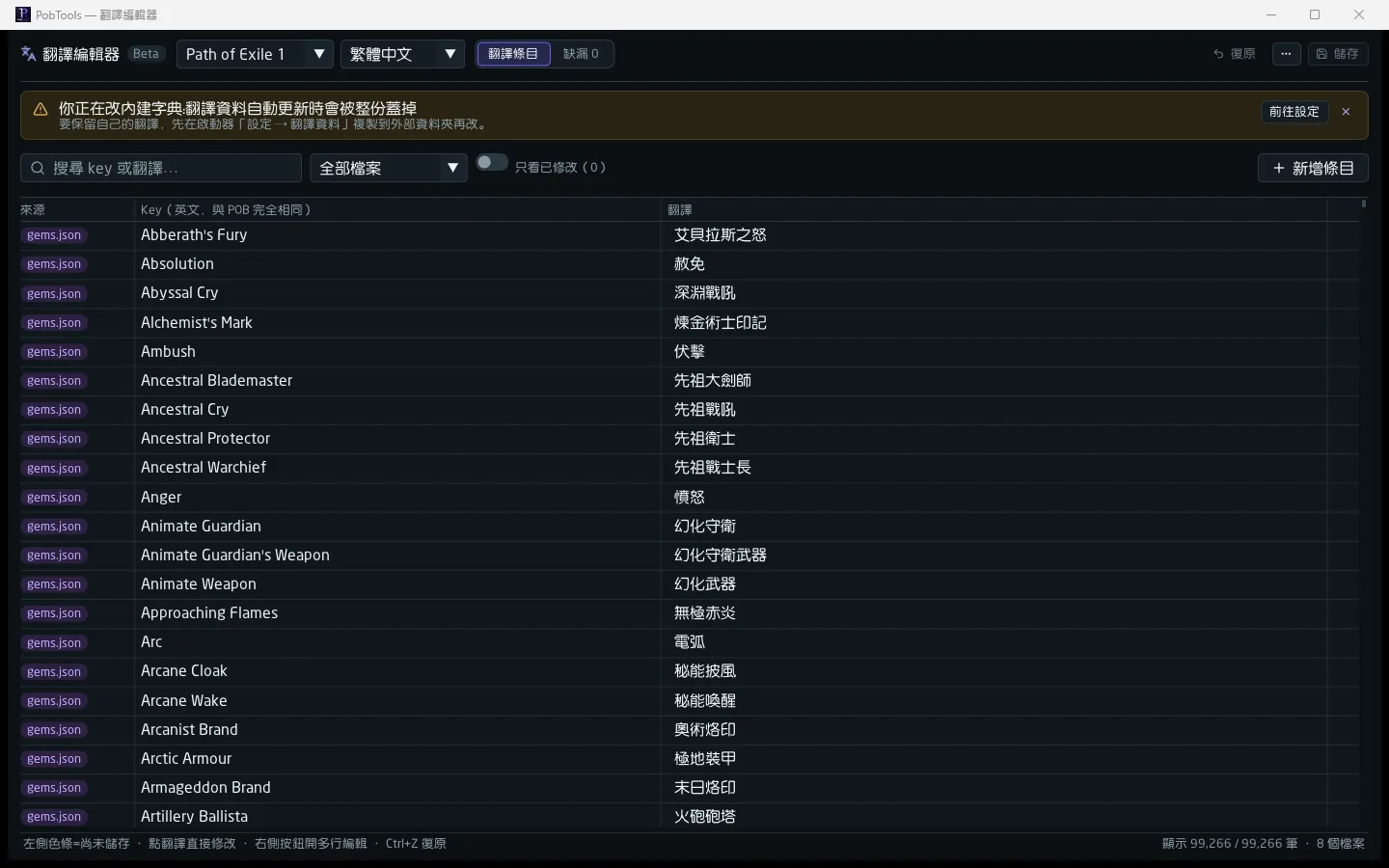 翻譯編輯器列出英文 key 與繁中譯文
